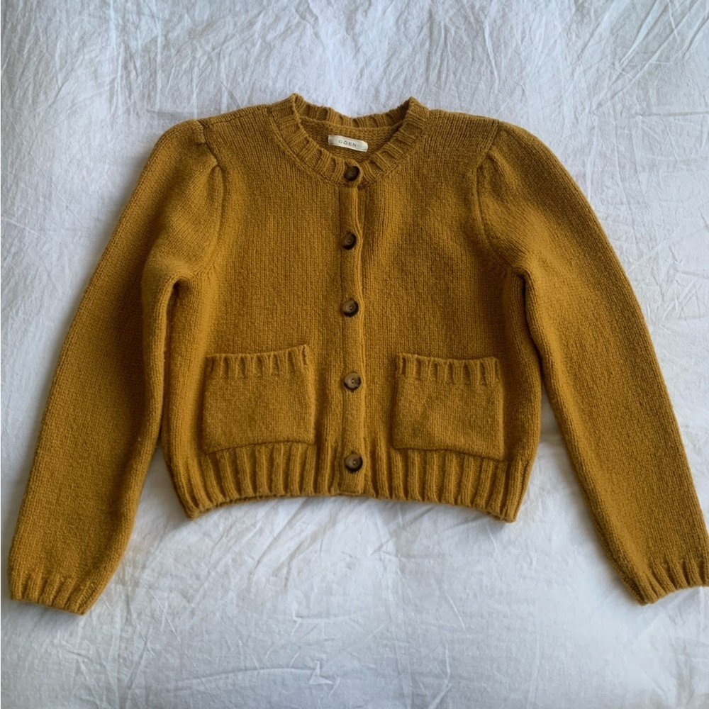 Doen Risette Wool Crew Neck Pocket Button Cardigan Crop Sweater Mustard Yellow